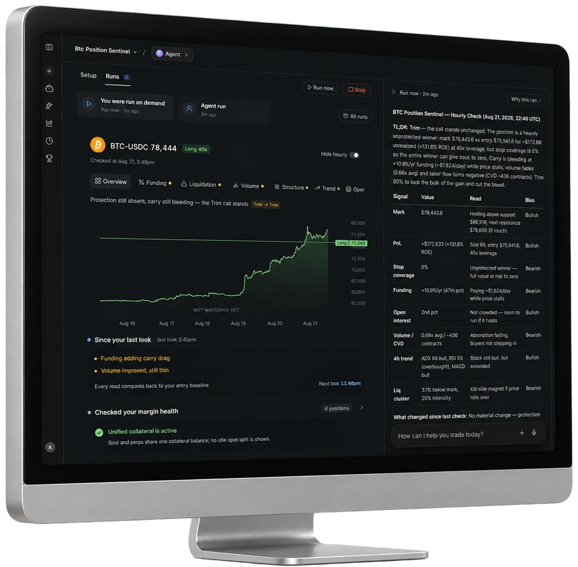 TrueNorth agent run report — the Runs workspace on a desktop monitor